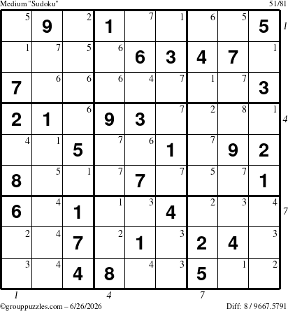 The grouppuzzles.com Medium Sudoku puzzle for Friday June 26, 2026 with all 8 steps marked