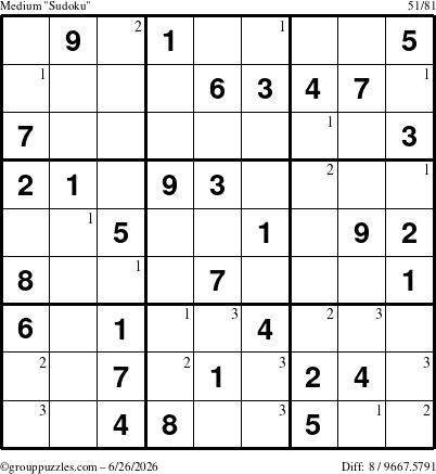 The grouppuzzles.com Medium Sudoku puzzle for Friday June 26, 2026 with the first 3 steps marked