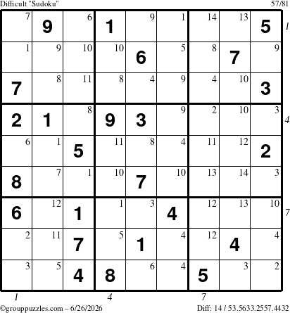 The grouppuzzles.com Difficult Sudoku puzzle for Friday June 26, 2026, suitable for printing, with all 14 steps marked