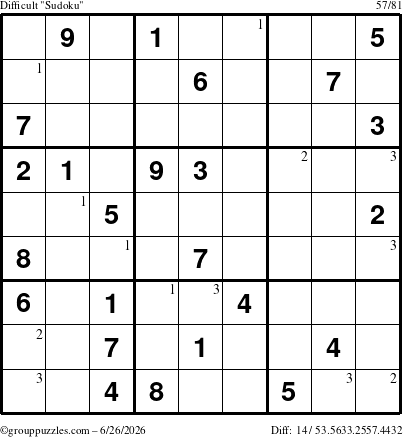 The grouppuzzles.com Difficult Sudoku puzzle for Friday June 26, 2026 with the first 3 steps marked