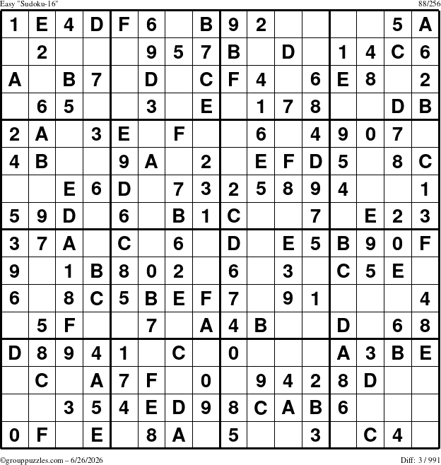 The grouppuzzles.com Easy Sudoku-16 puzzle for Friday June 26, 2026