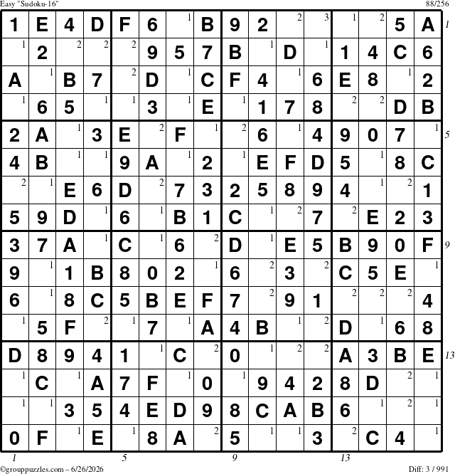 The grouppuzzles.com Easy Sudoku-16 puzzle for Friday June 26, 2026 with all 3 steps marked