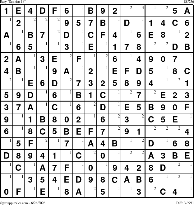 The grouppuzzles.com Easy Sudoku-16 puzzle for Friday June 26, 2026 with the first 3 steps marked
