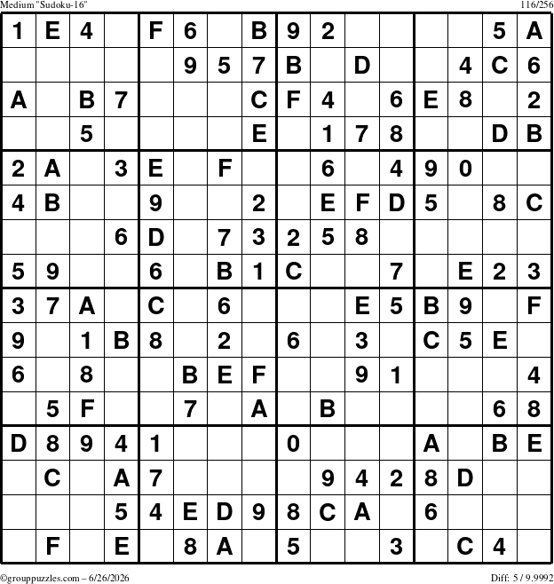 The grouppuzzles.com Medium Sudoku-16 puzzle for Friday June 26, 2026