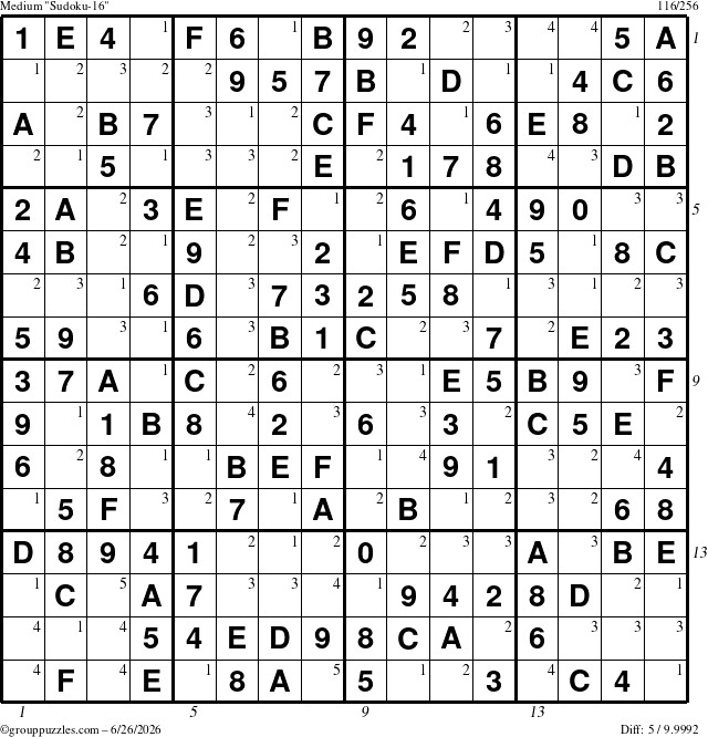The grouppuzzles.com Medium Sudoku-16 puzzle for Friday June 26, 2026 with all 5 steps marked