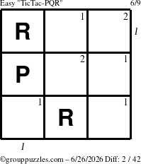 The grouppuzzles.com Easy TicTac-PQR puzzle for Friday June 26, 2026, suitable for printing, with all 2 steps marked