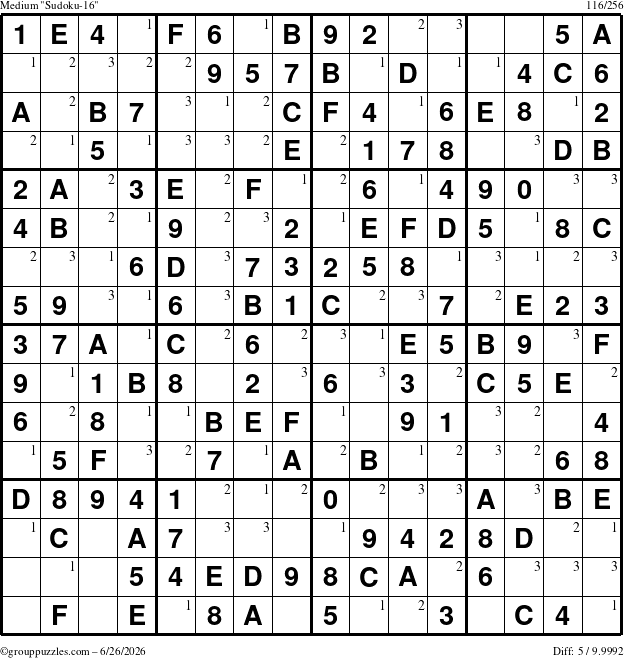 The grouppuzzles.com Medium Sudoku-16 puzzle for Friday June 26, 2026 with the first 3 steps marked