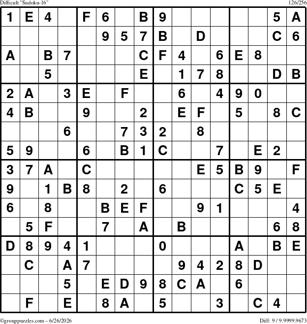 The grouppuzzles.com Difficult Sudoku-16 puzzle for Friday June 26, 2026