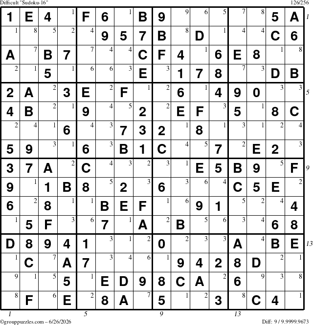 The grouppuzzles.com Difficult Sudoku-16 puzzle for Friday June 26, 2026 with all 9 steps marked