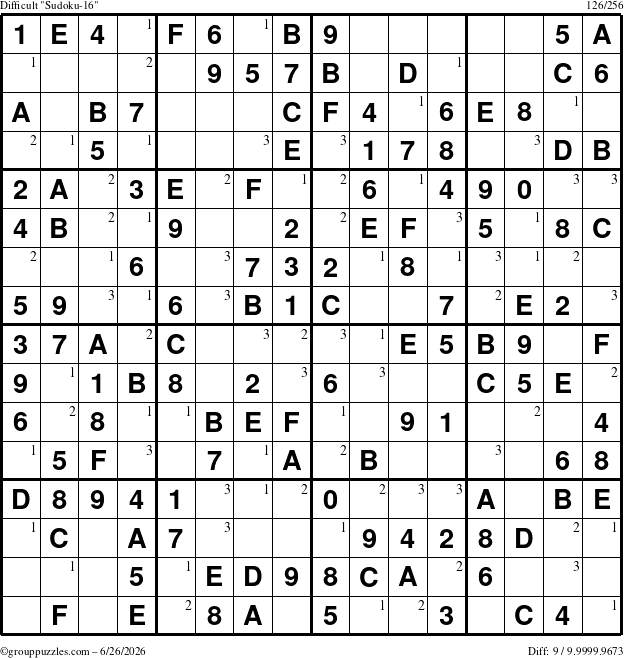 The grouppuzzles.com Difficult Sudoku-16 puzzle for Friday June 26, 2026 with the first 3 steps marked
