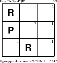 The grouppuzzles.com Easy TicTac-PQR puzzle for Friday June 26, 2026 with the first 2 steps marked