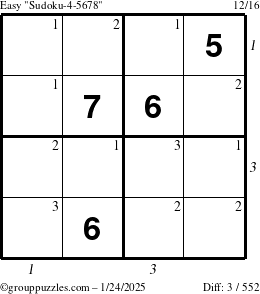 The grouppuzzles.com Easy Sudoku-4-5678 puzzle for Friday January 24, 2025, suitable for printing, with all 3 steps marked