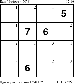 The grouppuzzles.com Easy Sudoku-4-5678 puzzle for Friday January 24, 2025 with the first 3 steps marked