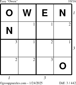 The grouppuzzles.com Easy Owen puzzle for Friday January 24, 2025 with all 3 steps marked