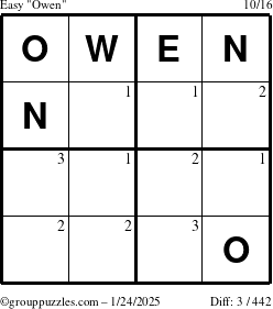 The grouppuzzles.com Easy Owen puzzle for Friday January 24, 2025 with the first 3 steps marked