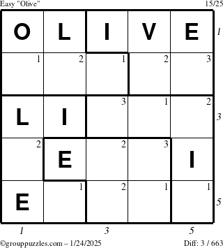 The grouppuzzles.com Easy Olive puzzle for Friday January 24, 2025 with all 3 steps marked