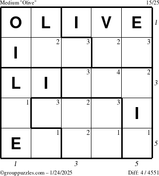 The grouppuzzles.com Medium Olive puzzle for Friday January 24, 2025 with all 4 steps marked