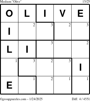 The grouppuzzles.com Medium Olive puzzle for Friday January 24, 2025 with the first 3 steps marked