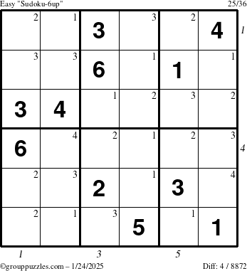 The grouppuzzles.com Easy Sudoku-6up puzzle for Friday January 24, 2025 with all 4 steps marked