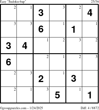 The grouppuzzles.com Easy Sudoku-6up puzzle for Friday January 24, 2025 with the first 3 steps marked