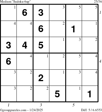 The grouppuzzles.com Medium Sudoku-6up puzzle for Friday January 24, 2025, suitable for printing, with all 5 steps marked