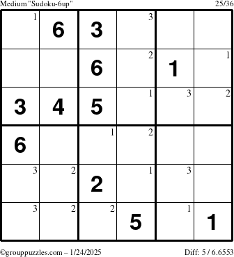 The grouppuzzles.com Medium Sudoku-6up puzzle for Friday January 24, 2025 with the first 3 steps marked