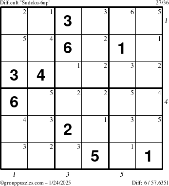 The grouppuzzles.com Difficult Sudoku-6up puzzle for Friday January 24, 2025 with all 6 steps marked