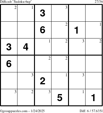 The grouppuzzles.com Difficult Sudoku-6up puzzle for Friday January 24, 2025 with the first 3 steps marked