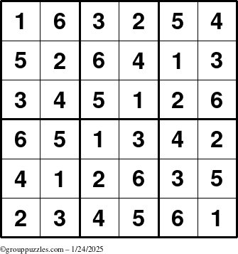 The grouppuzzles.com Answer grid for the Sudoku-6up puzzle for Friday January 24, 2025