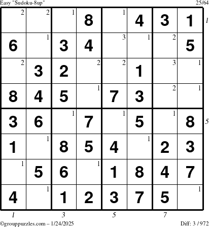 The grouppuzzles.com Easy Sudoku-8up puzzle for Friday January 24, 2025 with all 3 steps marked