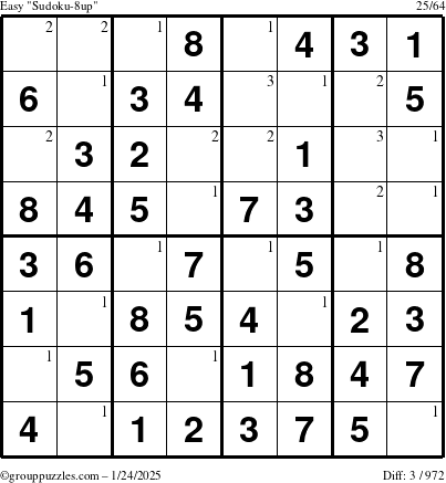 The grouppuzzles.com Easy Sudoku-8up puzzle for Friday January 24, 2025 with the first 3 steps marked