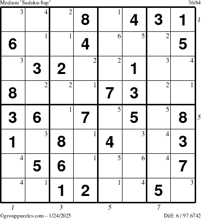 The grouppuzzles.com Medium Sudoku-8up puzzle for Friday January 24, 2025 with all 6 steps marked