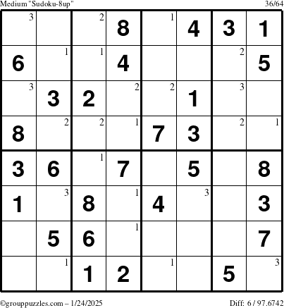 The grouppuzzles.com Medium Sudoku-8up puzzle for Friday January 24, 2025 with the first 3 steps marked