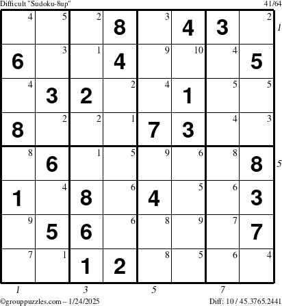 The grouppuzzles.com Difficult Sudoku-8up puzzle for Friday January 24, 2025 with all 10 steps marked