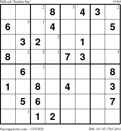 The grouppuzzles.com Difficult Sudoku-8up puzzle for Friday January 24, 2025 with the first 3 steps marked