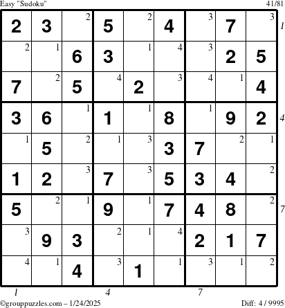 The grouppuzzles.com Easy Sudoku puzzle for Friday January 24, 2025, suitable for printing, with all 4 steps marked