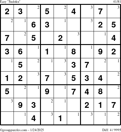 The grouppuzzles.com Easy Sudoku puzzle for Friday January 24, 2025 with the first 3 steps marked