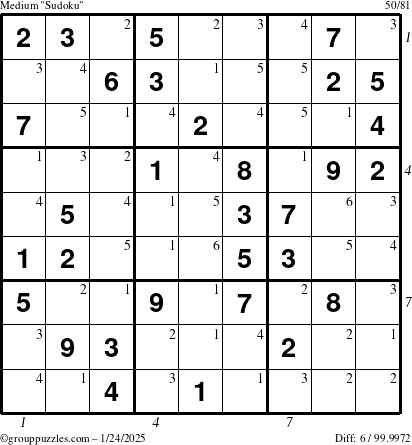 The grouppuzzles.com Medium Sudoku puzzle for Friday January 24, 2025 with all 6 steps marked