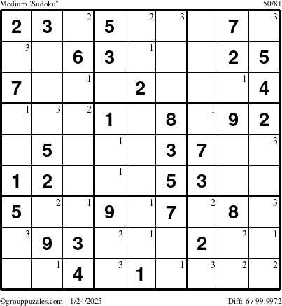 The grouppuzzles.com Medium Sudoku puzzle for Friday January 24, 2025 with the first 3 steps marked