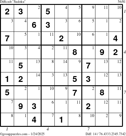 The grouppuzzles.com Difficult Sudoku puzzle for Friday January 24, 2025 with all 14 steps marked