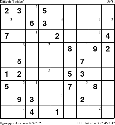 The grouppuzzles.com Difficult Sudoku puzzle for Friday January 24, 2025 with the first 3 steps marked