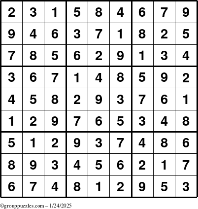 The grouppuzzles.com Answer grid for the Sudoku puzzle for Friday January 24, 2025