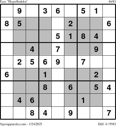 The grouppuzzles.com Easy HyperSudoku puzzle for Friday January 24, 2025