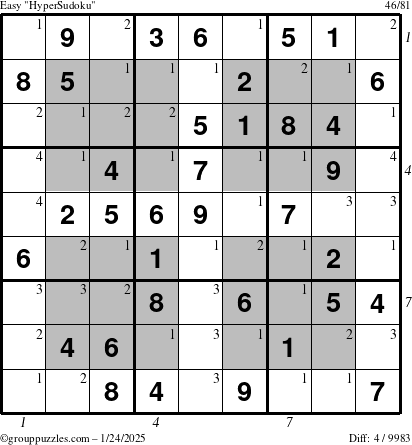 The grouppuzzles.com Easy HyperSudoku puzzle for Friday January 24, 2025 with all 4 steps marked