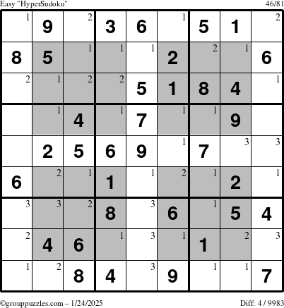 The grouppuzzles.com Easy HyperSudoku puzzle for Friday January 24, 2025 with the first 3 steps marked