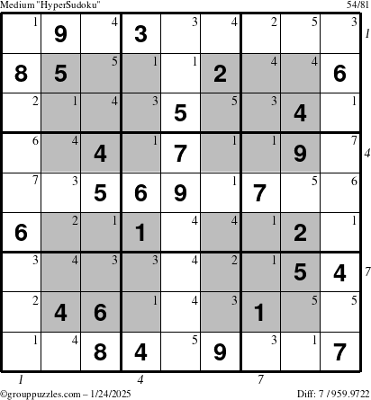 The grouppuzzles.com Medium HyperSudoku puzzle for Friday January 24, 2025, suitable for printing, with all 7 steps marked