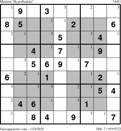 The grouppuzzles.com Medium HyperSudoku puzzle for Friday January 24, 2025 with the first 3 steps marked