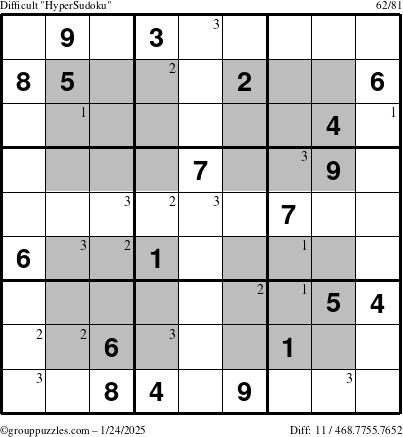 The grouppuzzles.com Difficult HyperSudoku puzzle for Friday January 24, 2025 with the first 3 steps marked