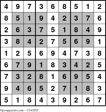 The grouppuzzles.com Answer grid for the HyperSudoku puzzle for Friday January 24, 2025