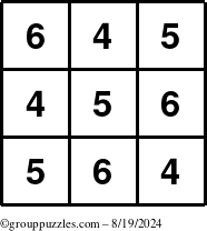 The grouppuzzles.com Answer grid for the TicTac-456 puzzle for Monday August 19, 2024